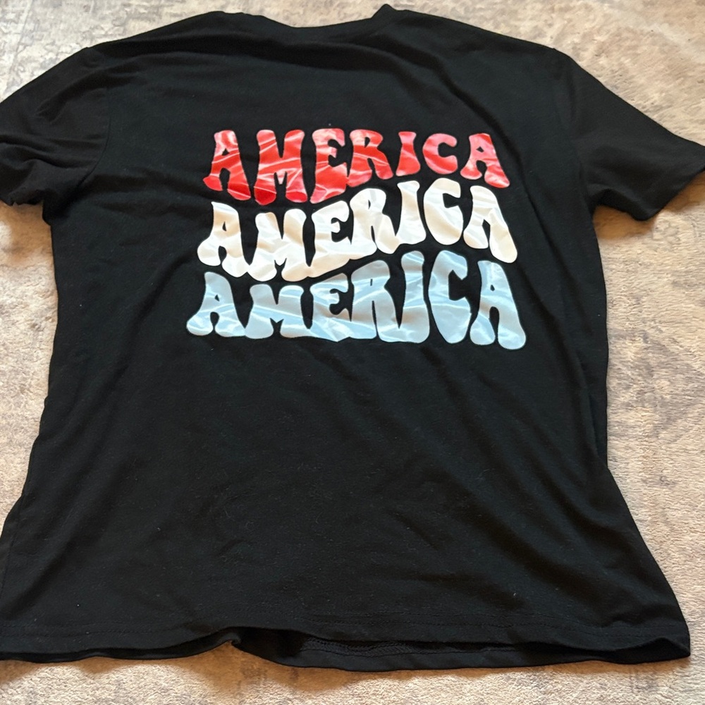 SHEIN Black Tee with Red, White, and Blue Print